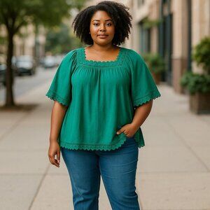 Avenue‎ Top Women's 18/20 Green Crochet Trim Gauze Peasant Tunic Top READ